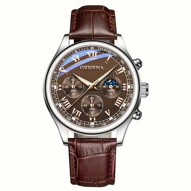 GENEVA High Quality Men'S Luxury Belt Fashion Quartz Watch Men round Business Student Sport Waterproof Glow Clock