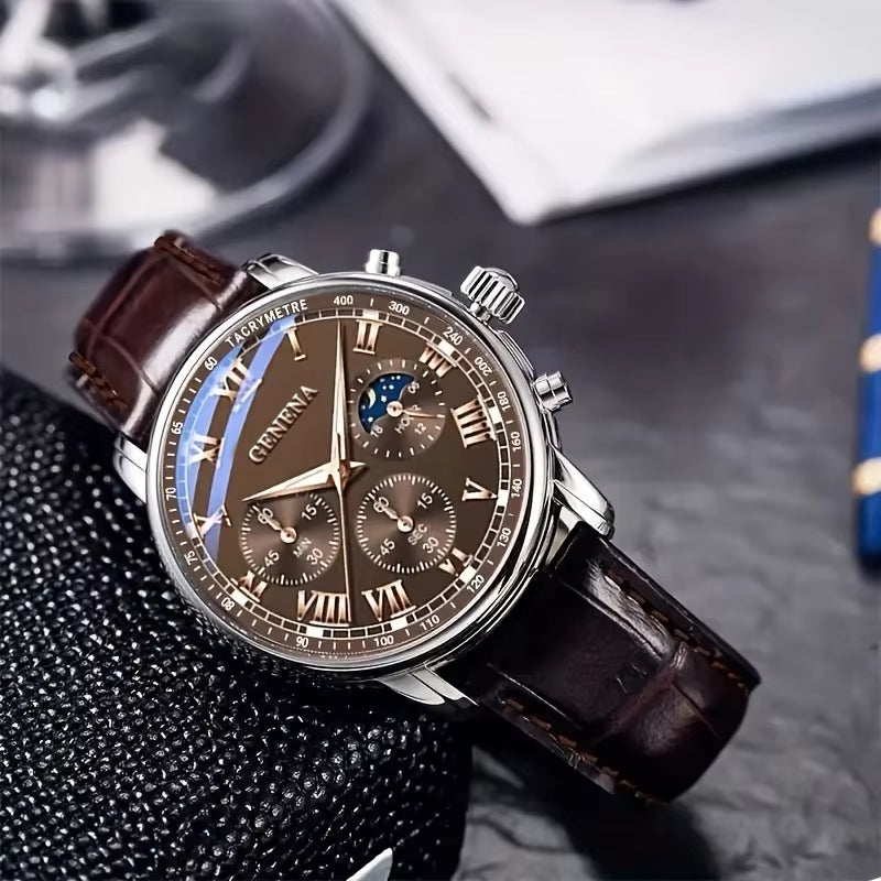 GENEVA High Quality Men'S Luxury Belt Fashion Quartz Watch Men round Business Student Sport Waterproof Glow Clock