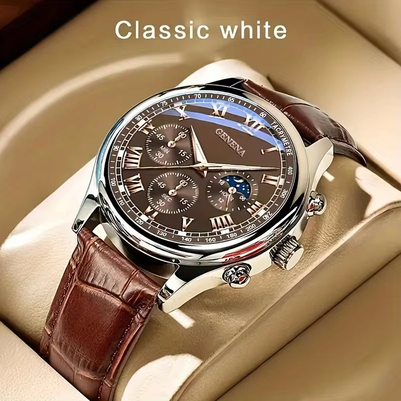 GENEVA High Quality Men'S Luxury Belt Fashion Quartz Watch Men round Business Student Sport Waterproof Glow Clock