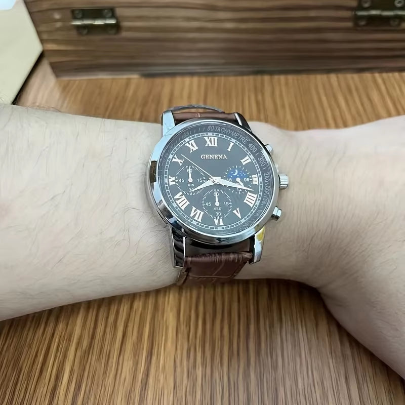 GENEVA High Quality Men'S Luxury Belt Fashion Quartz Watch Men round Business Student Sport Waterproof Glow Clock