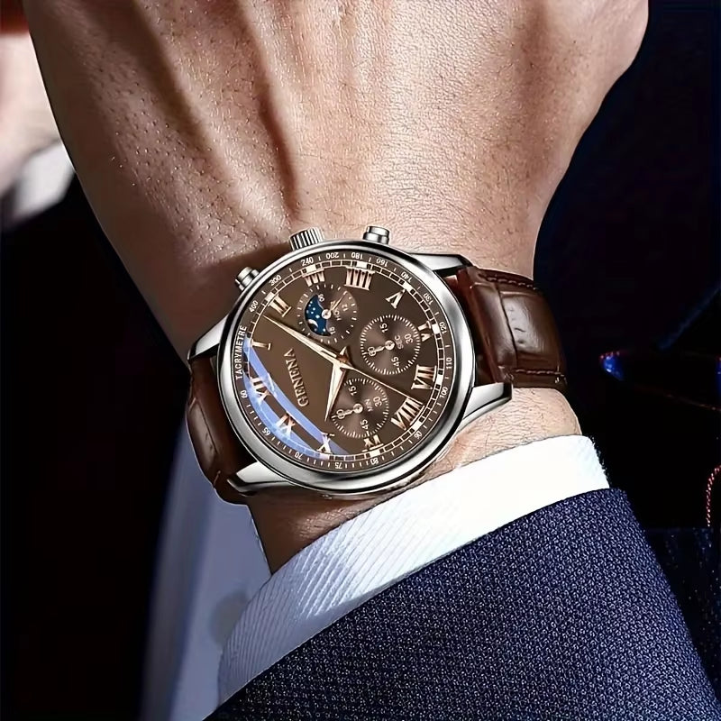 GENEVA High Quality Men'S Luxury Belt Fashion Quartz Watch Men round Business Student Sport Waterproof Glow Clock