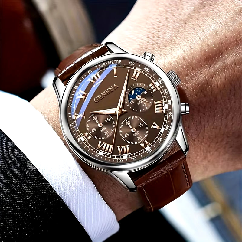 GENEVA High Quality Men'S Luxury Belt Fashion Quartz Watch Men round Business Student Sport Waterproof Glow Clock